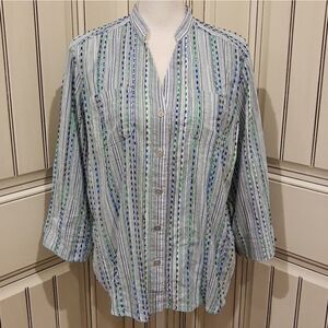 𝅺Alfred Dunner Striped Button Up  Quarter Sleeve Blue Green Top Size 12